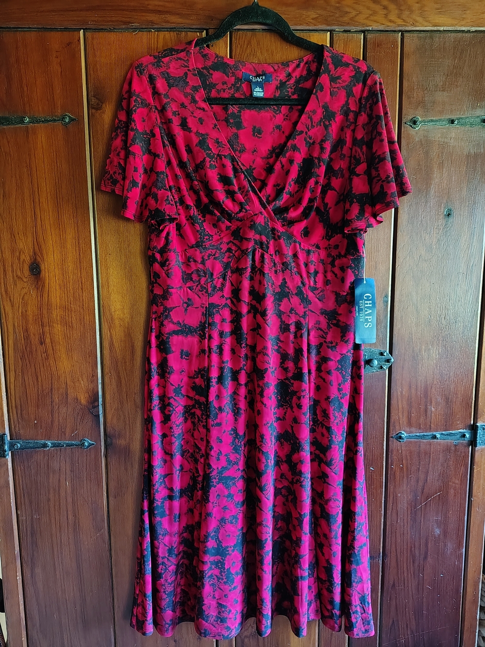 Chaps Red and Black Floral Faux-Wrap Midi Dress